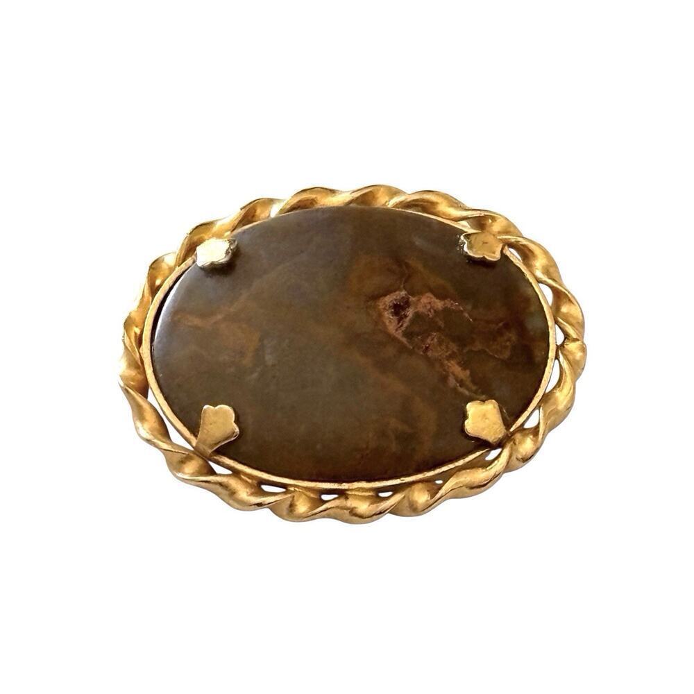 Petrified wood picture jasper Gold Tone Oval brooch Pin Vintage Jewelry Earthy
